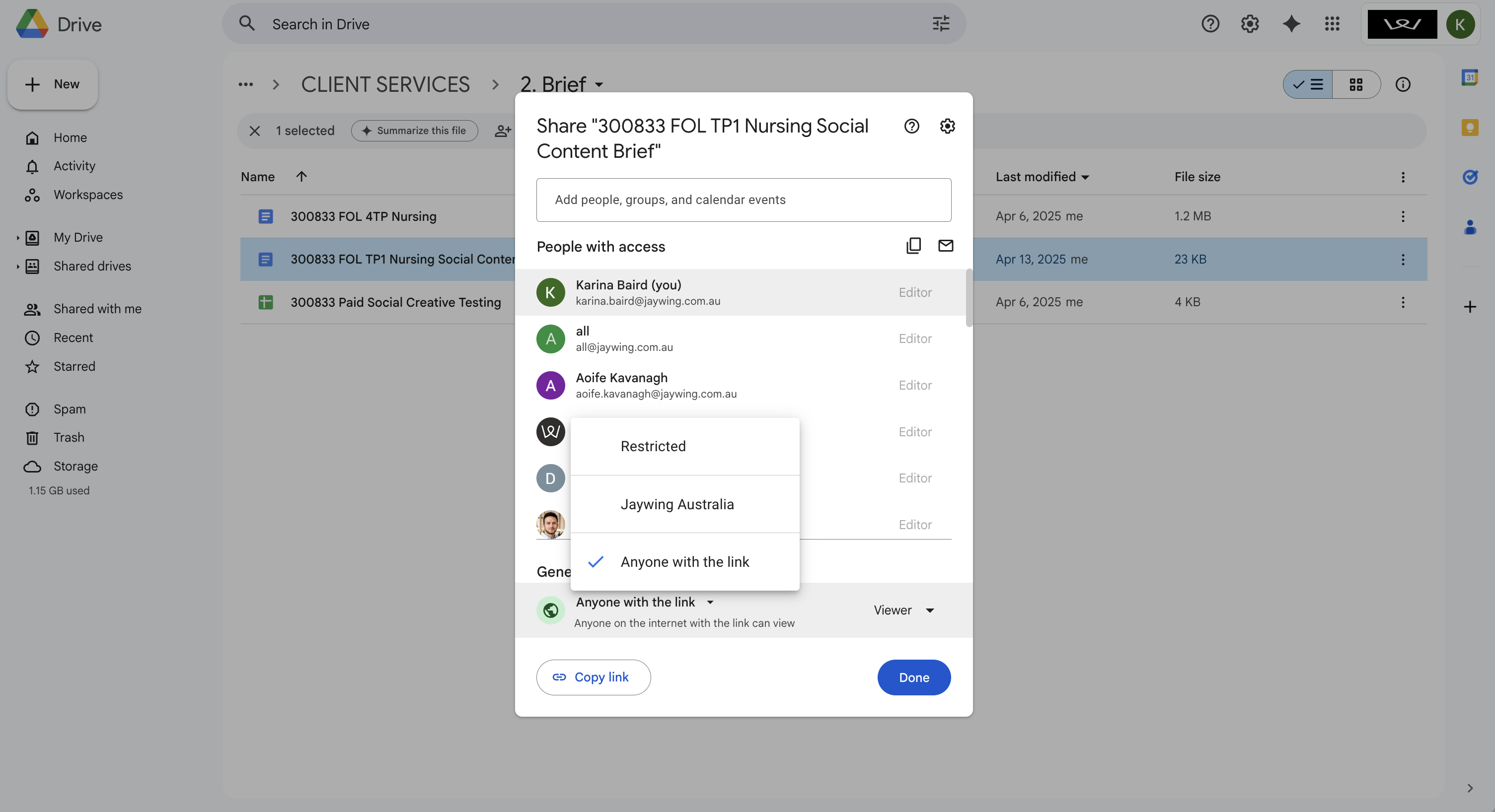 Google Drive sharing dialog showing Anyone with the link option